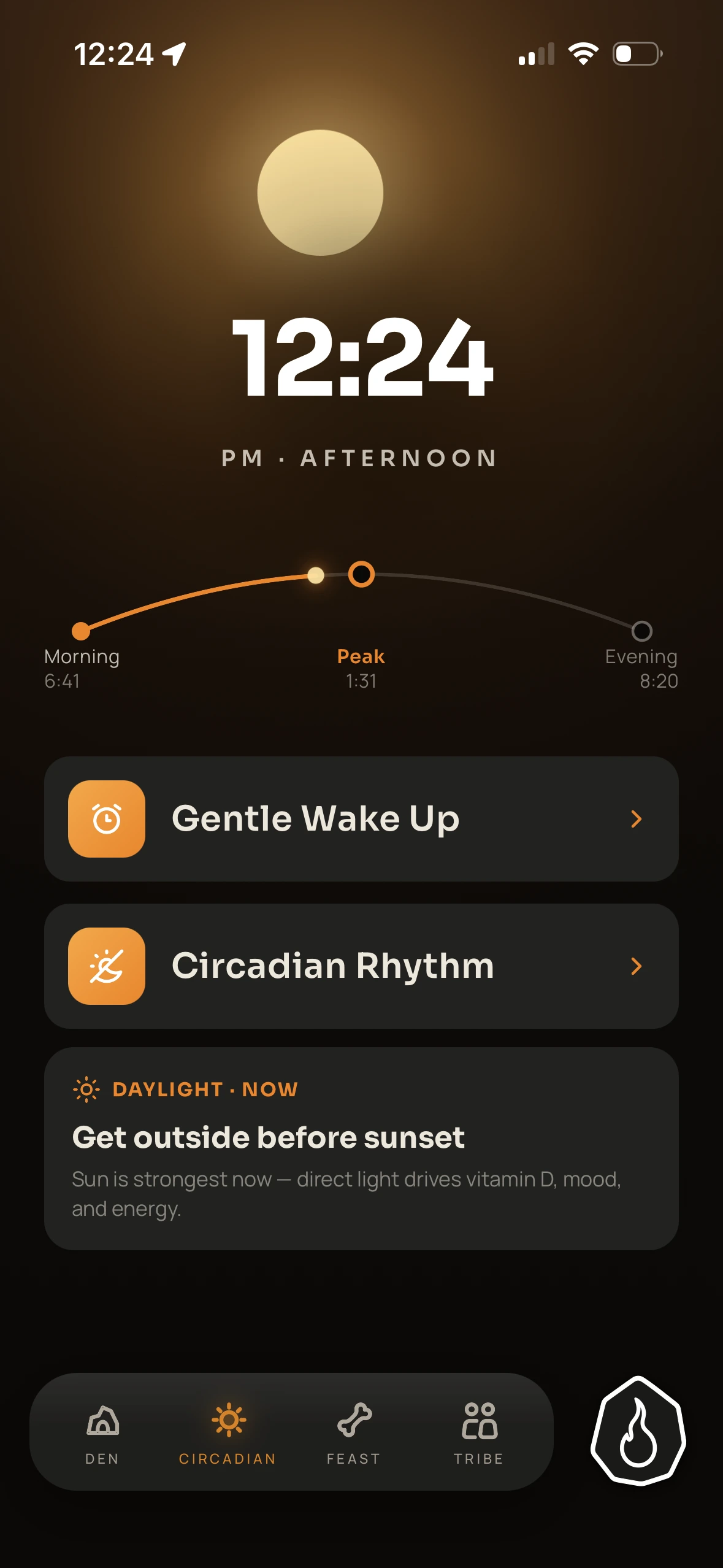 The Circadian screen in the Primalyst app