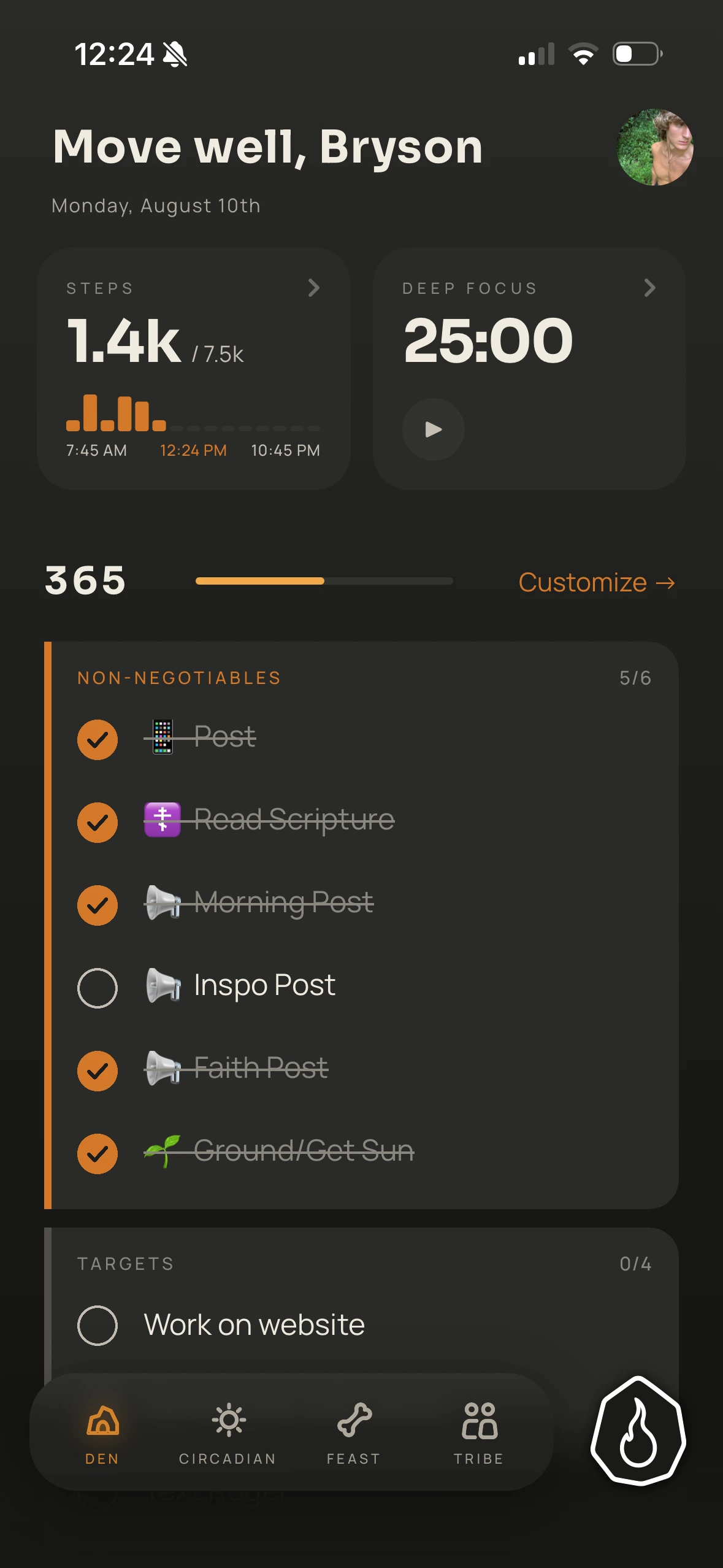 The Den screen in the Primalyst app, showing the day's non-negotiables and targets