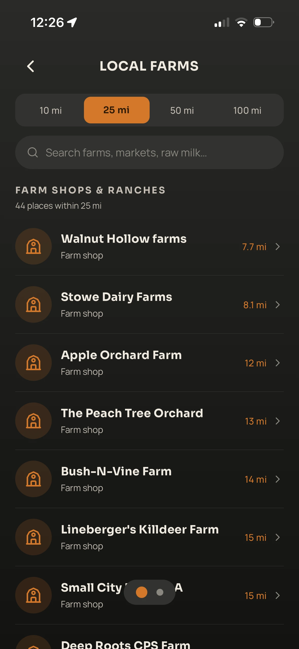 The Local Farms screen, listing nearby farm shops and ranches by distance