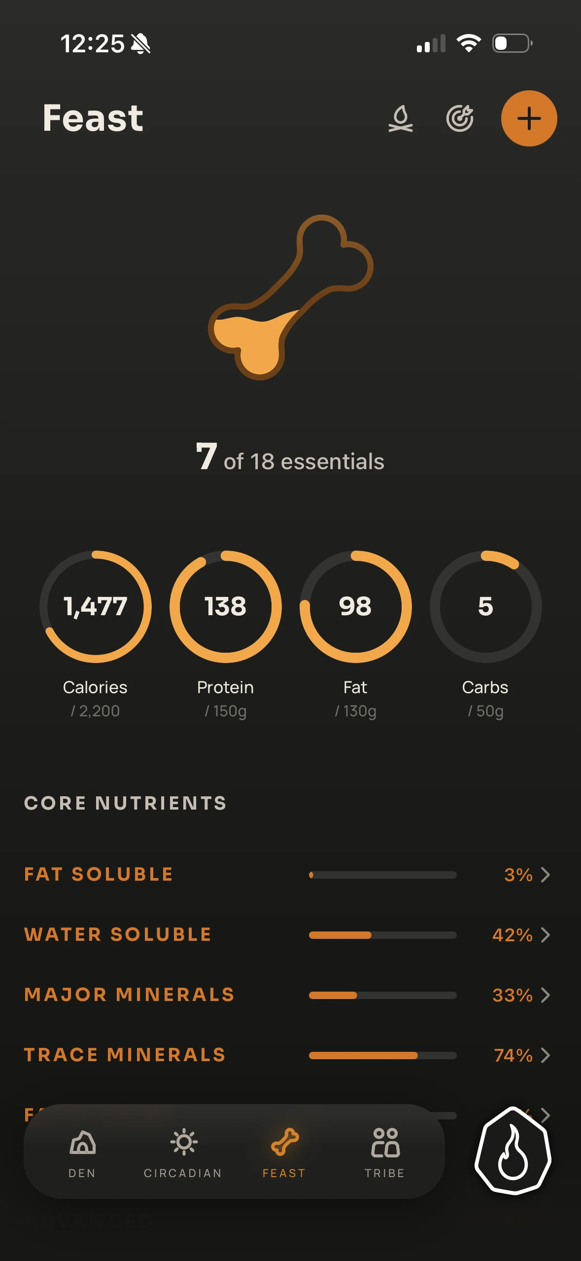 The Feast screen, showing macros and core nutrient groups