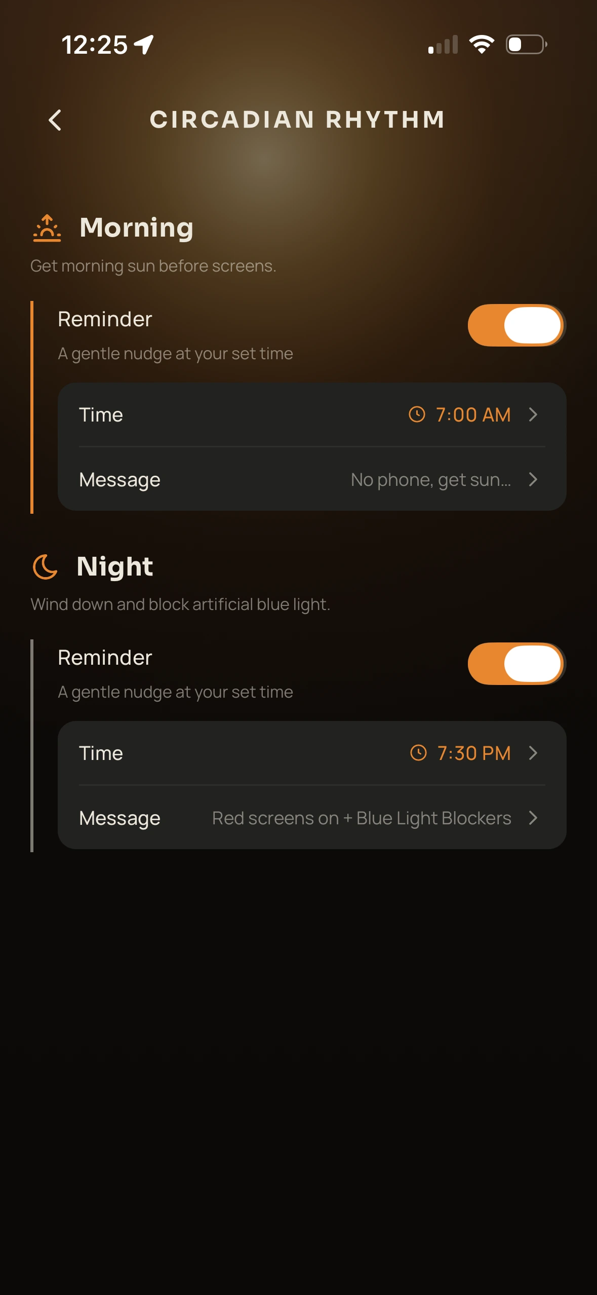 The Circadian Rhythm screen, with morning and night reminders