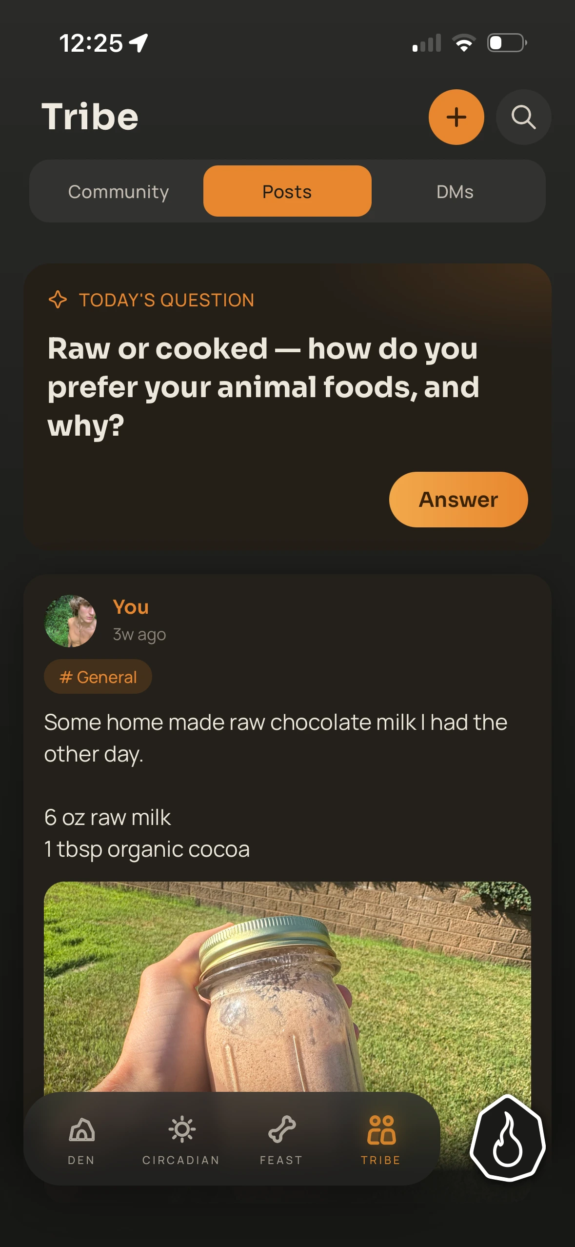 The Tribe screen, showing today's question and community posts